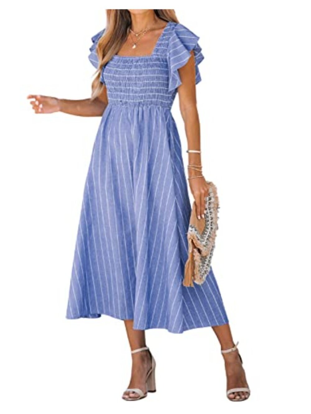 Square Neck Striped Smocked A-Line Maxi Dress with Cap Sleeves